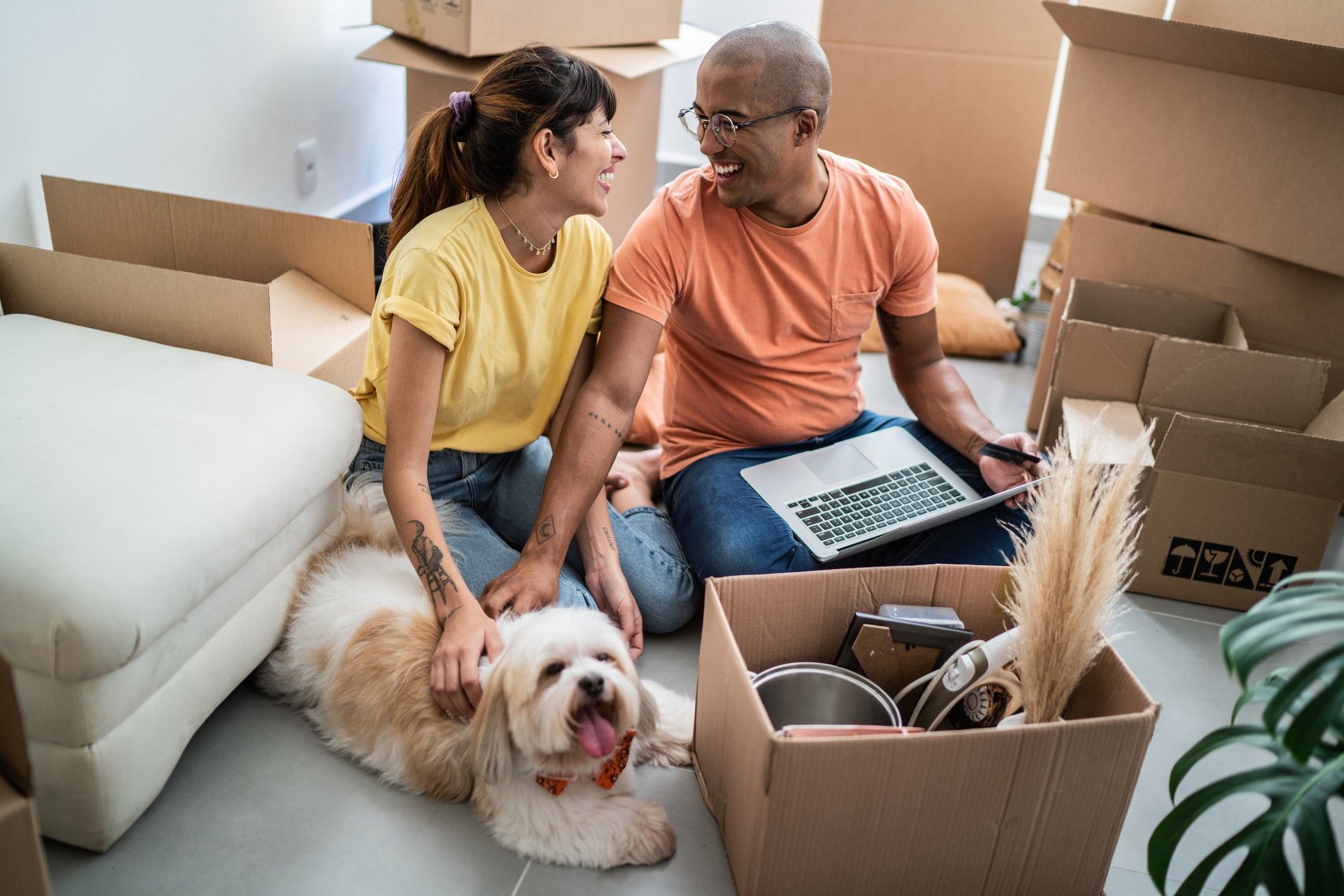 A man, woman and their dog sit on the floor holding a laptop surrounded by open moving boxes.