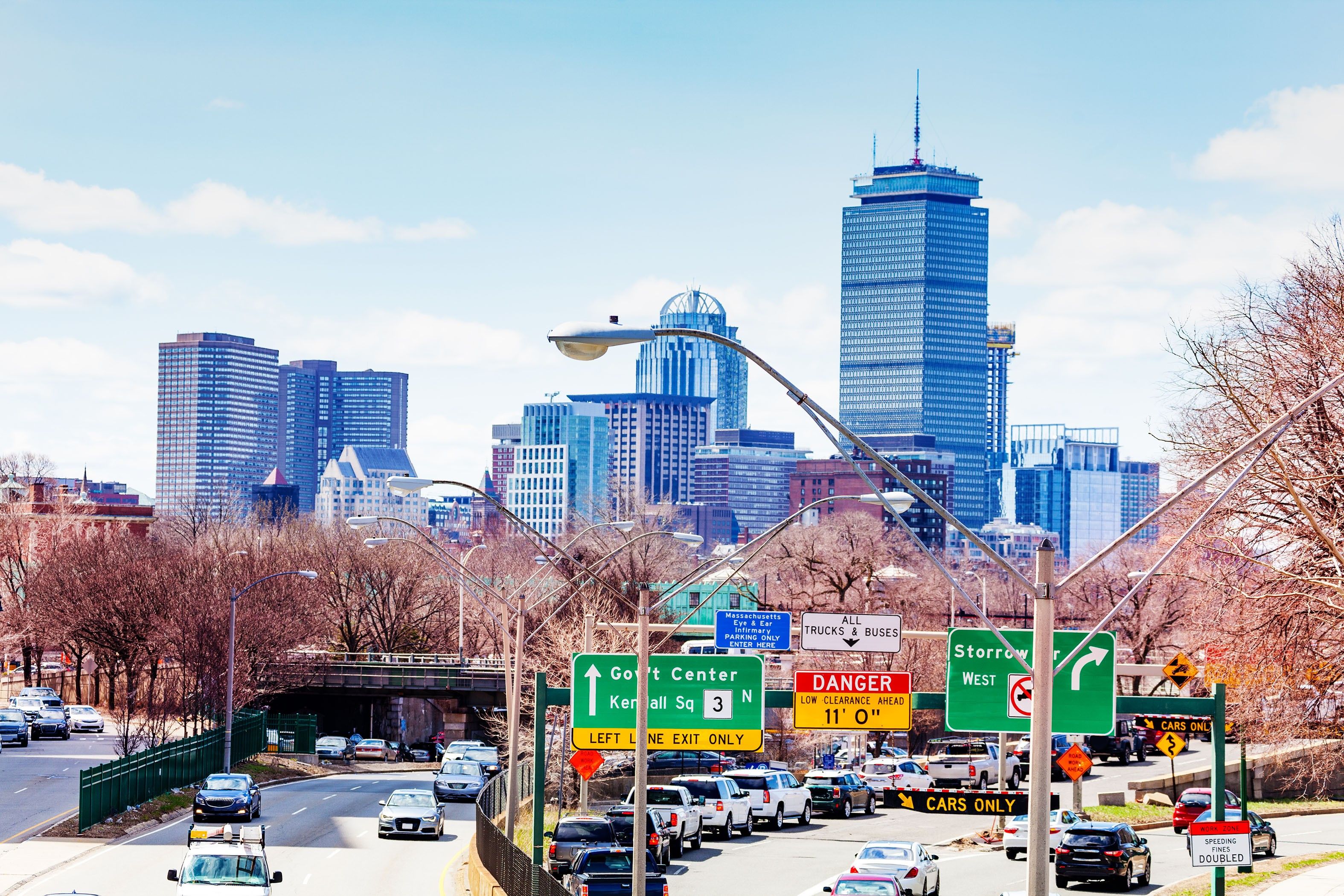 A wide shot of Storrow Road heading into downtown Boston, MA.