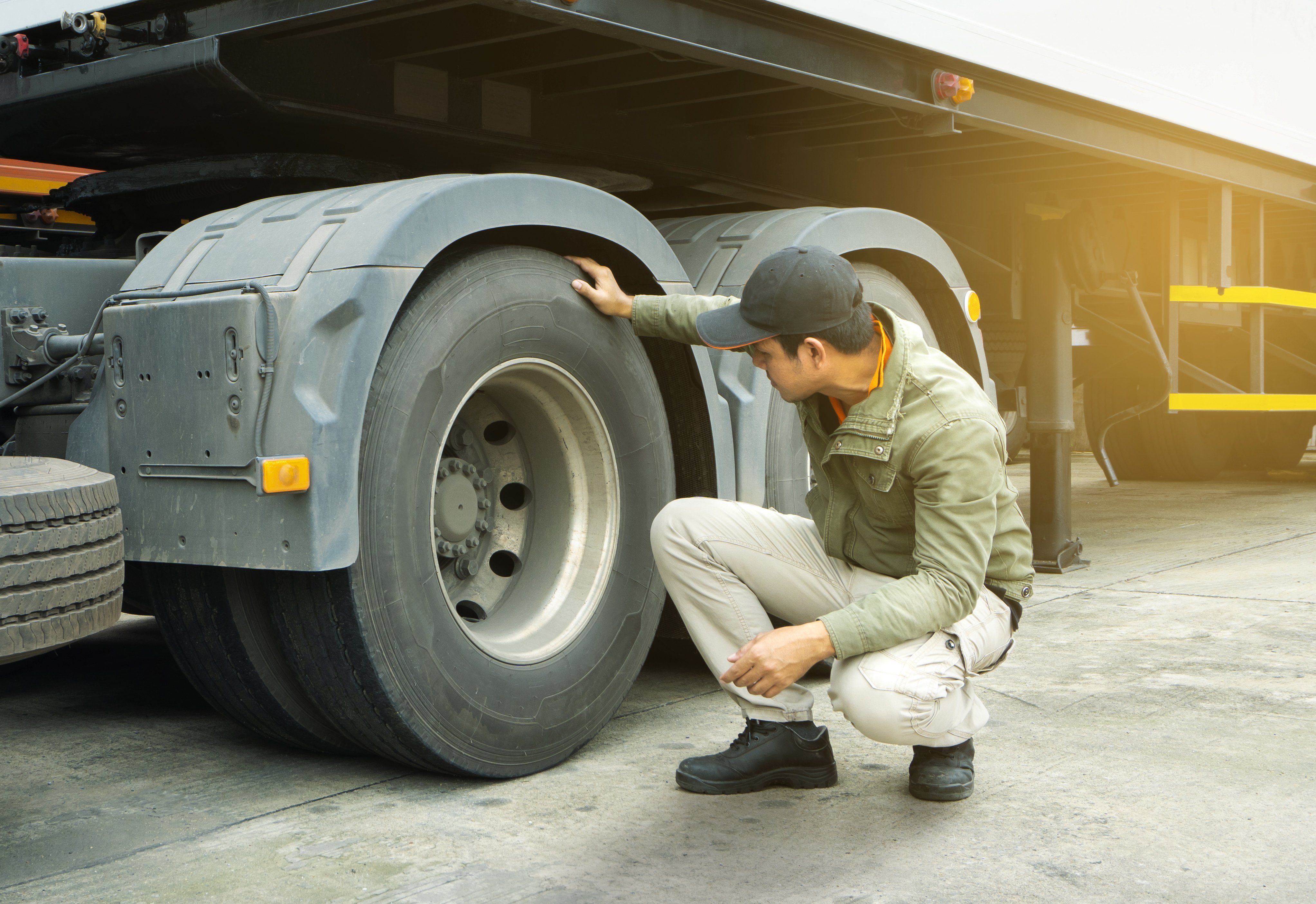 Truck driver inspects truck wheels