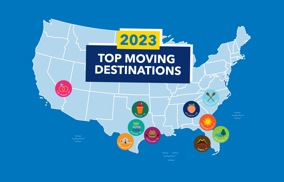 Vector image of the USA highlighting the Top 10 Moving Destinations