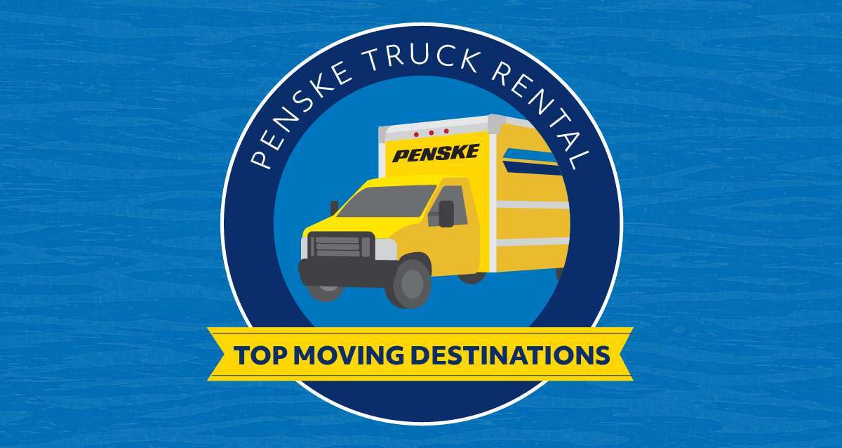 Yellow Penske truck illustration, "Top Moving Destinations" banner below.
