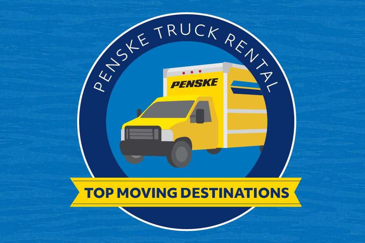 Yellow Penske truck illustration, "Top Moving Destinations" banner below.